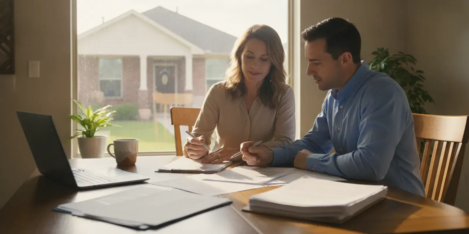 A Texas homebuyer reviews an FHA appraisal report with a mortgage professional at a kitchen table