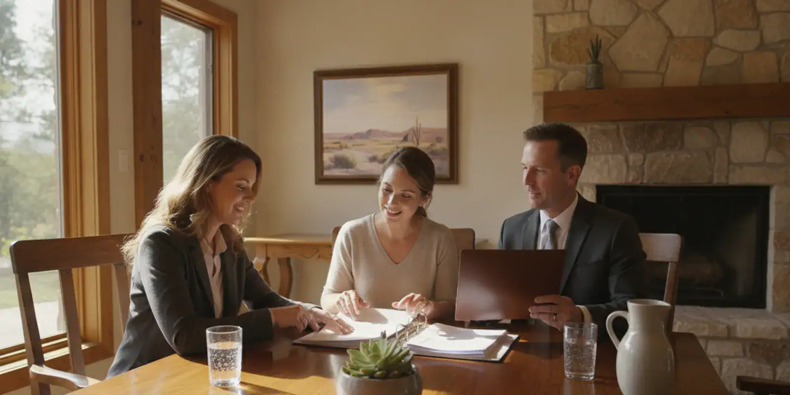 Texas homebuyers reviewing mortgage paperwork with a loan professional at a table