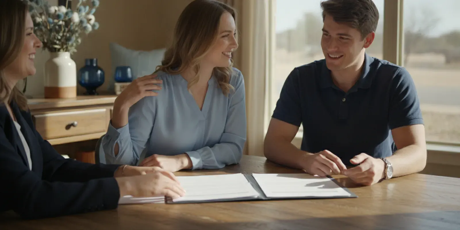 First-time homebuyers reviewing mortgage options with a loan professional in a bright Texas home