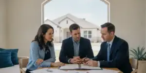 Texas homebuyers reviewing mortgage documents at a table