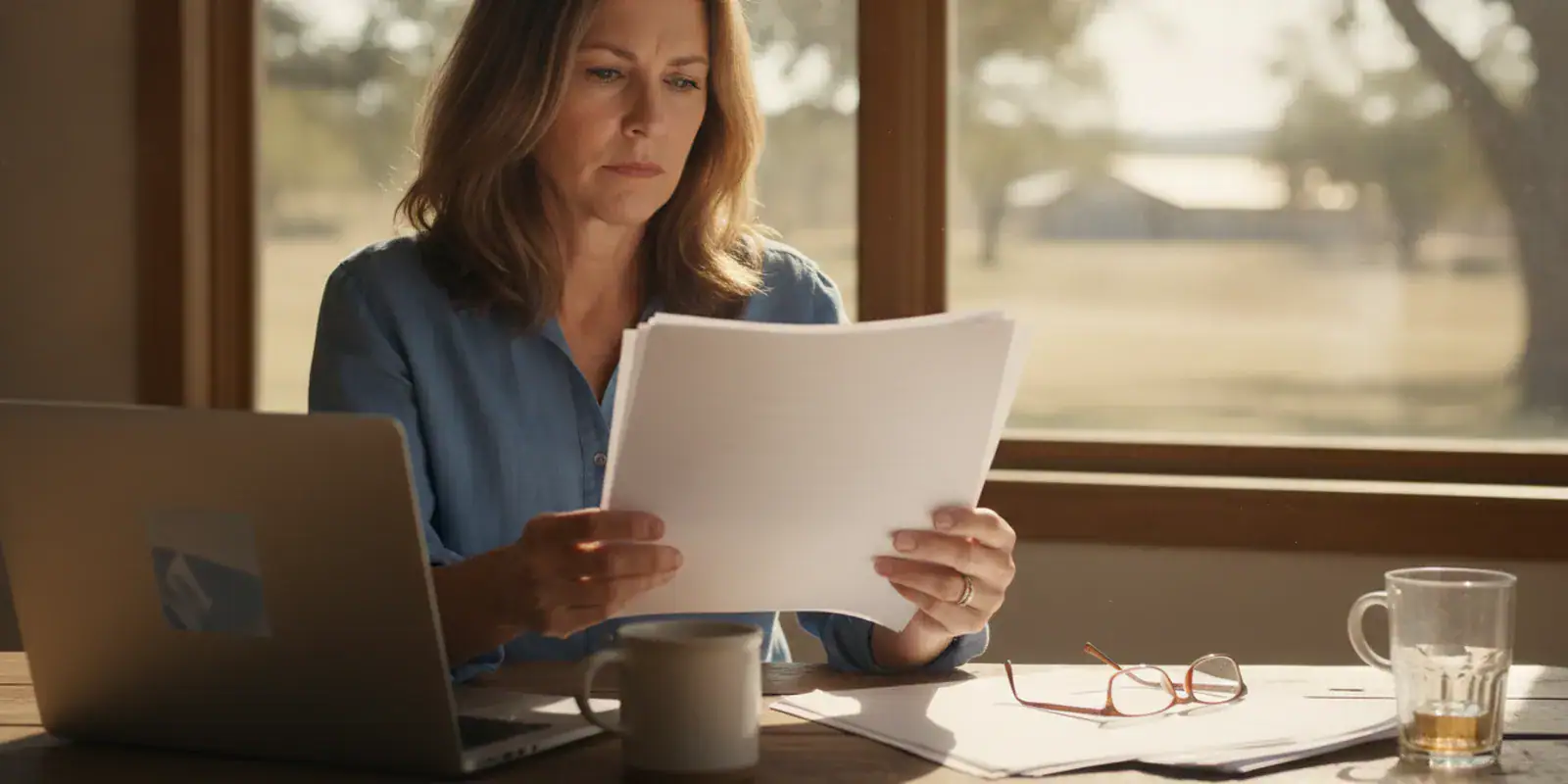 Homeowner reviewing mortgage paperwork and a loan statement at a kitchen table