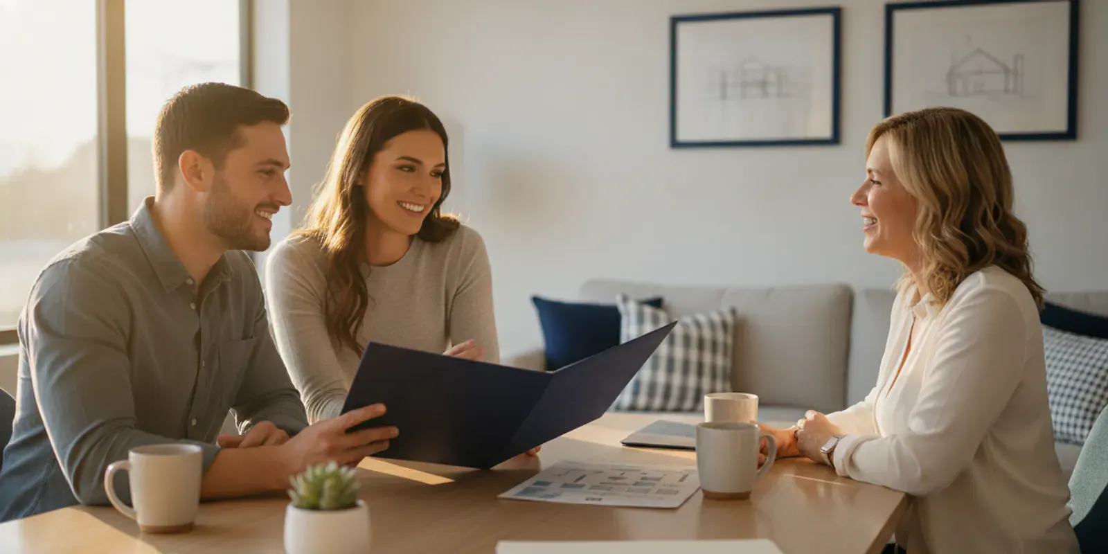 First-time homebuyer reviewing mortgage paperwork with a loan professional at a table