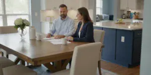 Texas homebuyer reviewing mortgage paperwork at a kitchen table
